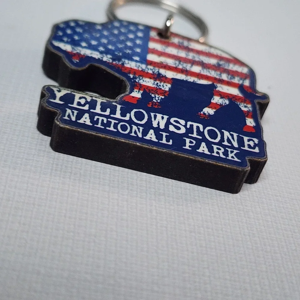 Yellowstone National Park Bison Keychain Keyring American Flag Bison Cutout